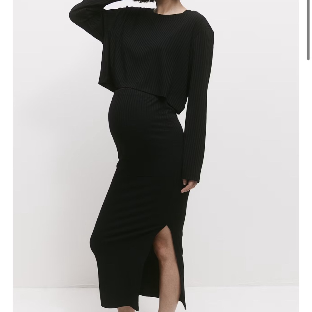 H&M Black Ribbed Midi Dress with Side Slit